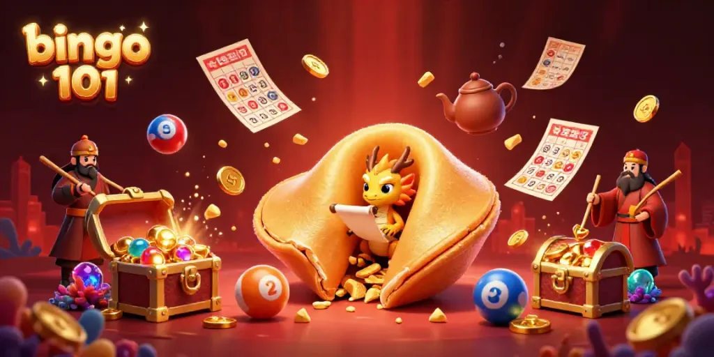 Experience an immersive bingo 101 adventure with floating bingo cards and golden treasures in this vibrant game scene.