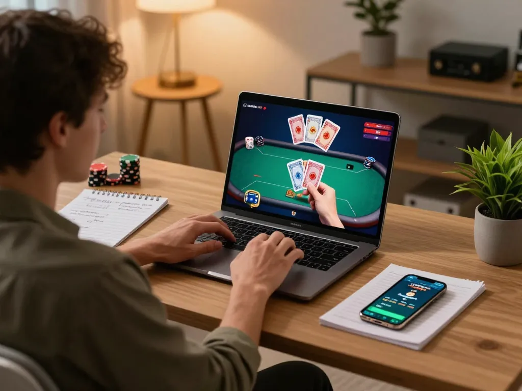 Engaging in strategic poker gameplay on the bdtk66 platform from a stylish home office