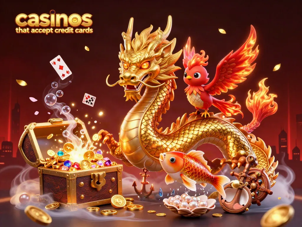 Win big at casinos that accept credit cards with colorful characters like a dragon, phoenix, and koi amidst coins.
