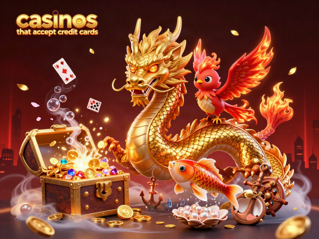 Win big at casinos that accept credit cards with colorful characters like a dragon, phoenix, and koi amidst coins.