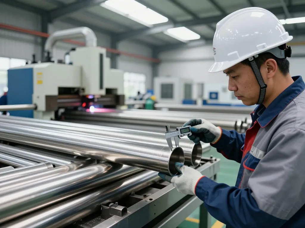 Skilled worker measuring stainless steel pipes in a modern manufacturing setup for sumwin quality assurance.