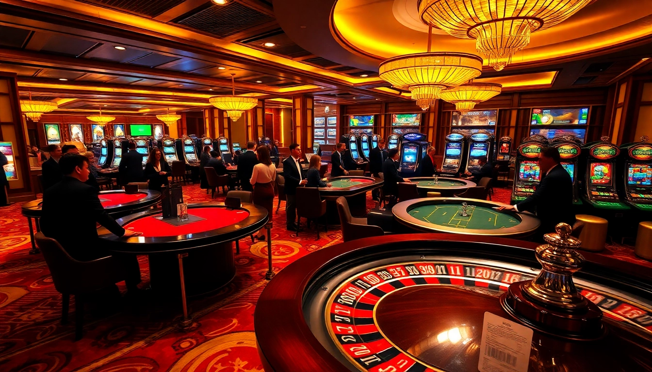 A thrilling casino experience at https://bong88.casino/ with players enjoying poker and slot machines in a luxurious setting.