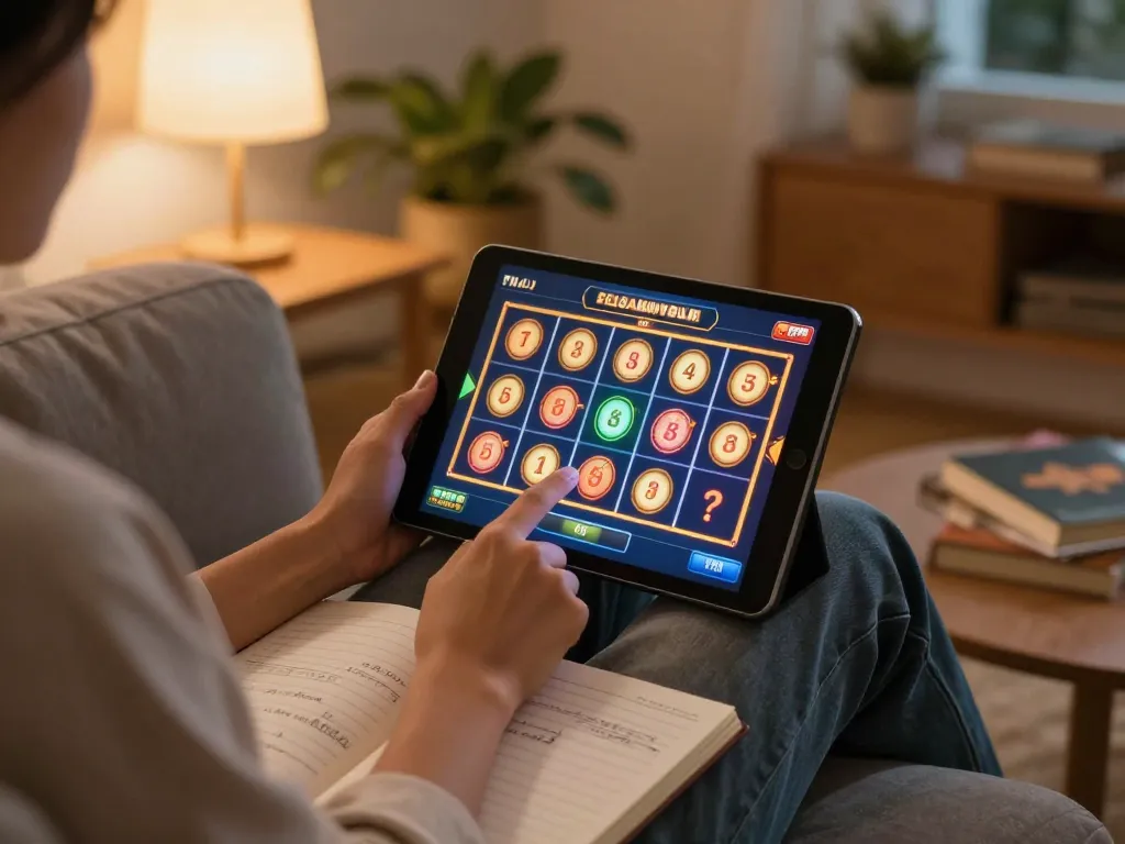 Engaging player spins online slot games on a tablet in a cozy home setting.