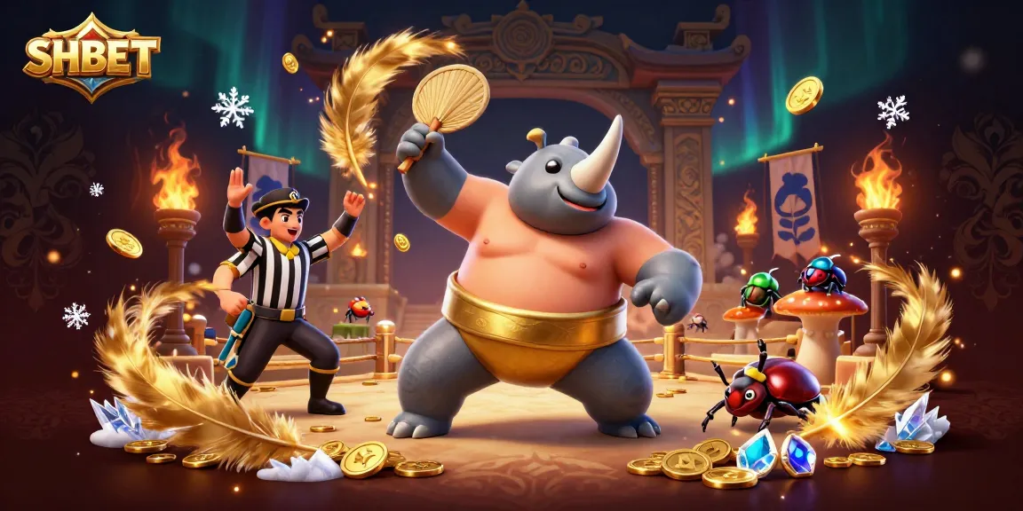 SHBET casino illustration of a sumo champion beetle in action surrounded by golden coins and captivating game elements.