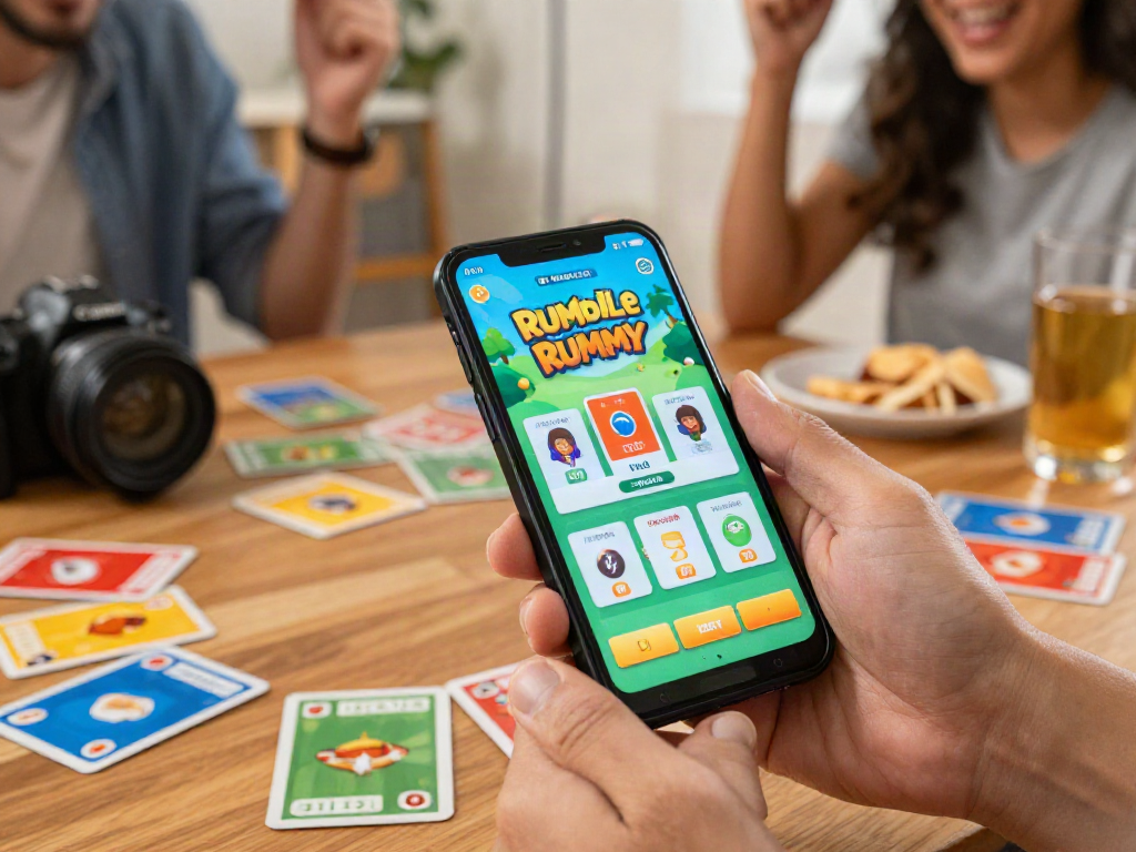 Exciting gameplay on the Rumble Rummy app with friends in a lively atmosphere.