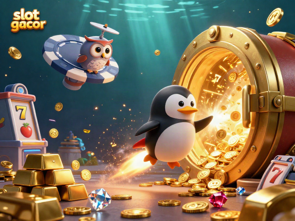 Engage with slot gacor as a golden penguin zooms past a vibrant casino space station.
