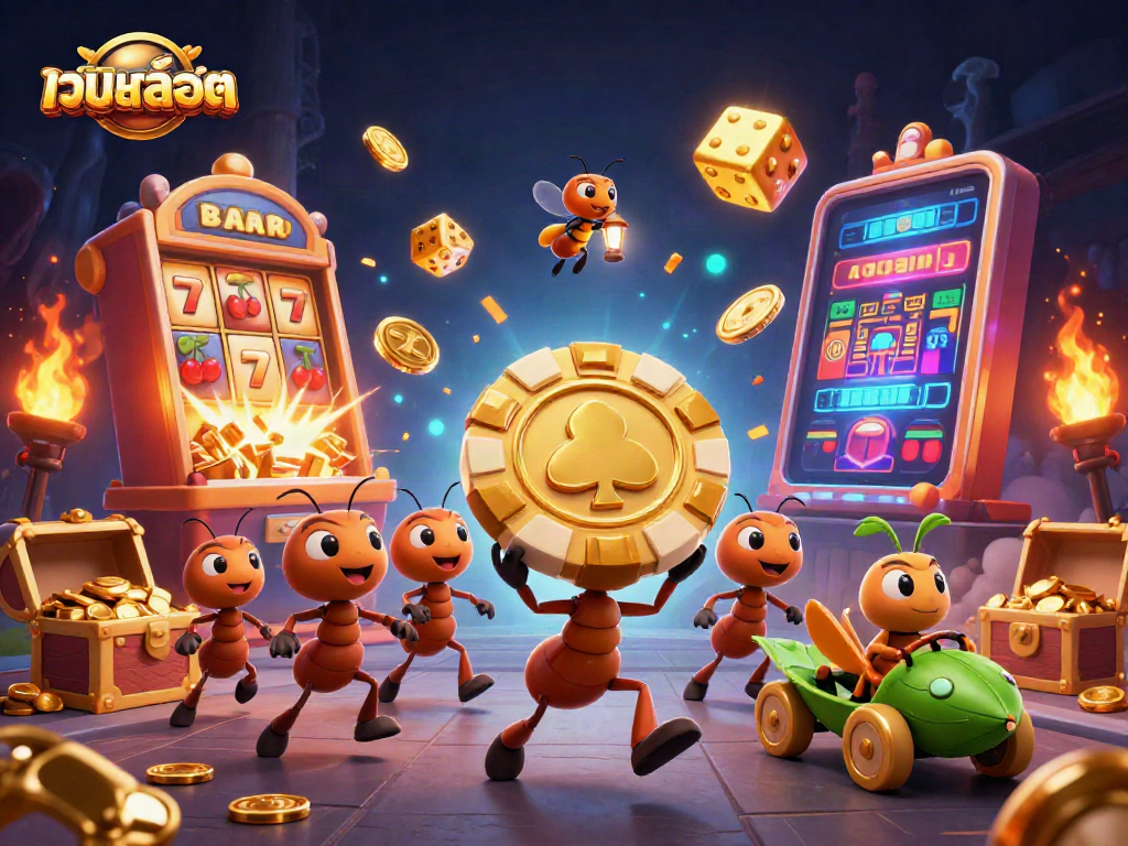 Engage in เว็บสล็อต excitement with 3D ants heisting a giant poker chip amidst a jackpot scene.