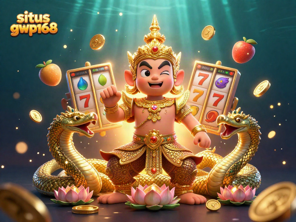Menangkan jackpot di situs gwp168 dengan gambar 3D penjaga kuil dan simbol slot yang berkilau.