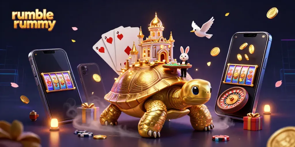 Experience thrilling gameplay with rumble rummy in a vibrant 3D casino scene featuring a golden tortoise and a rabbit dealer.