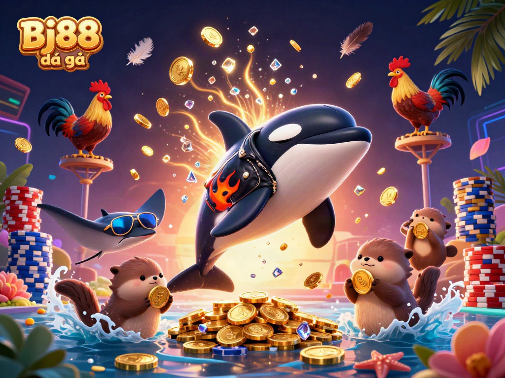 A dynamic casino scene featuring Bj88 đá gà with an orca whale and sea otters in action.