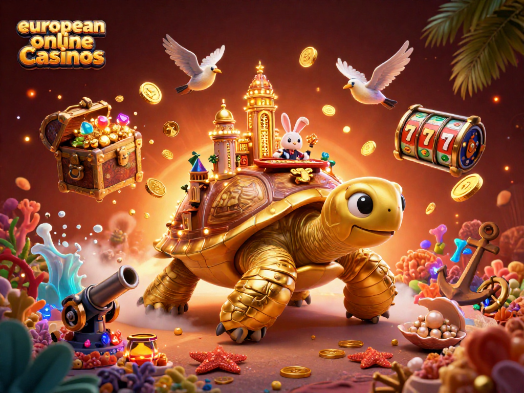 Play and win at european online casinos with a golden tortoise casino, rabbit dealer, and treasure galore.