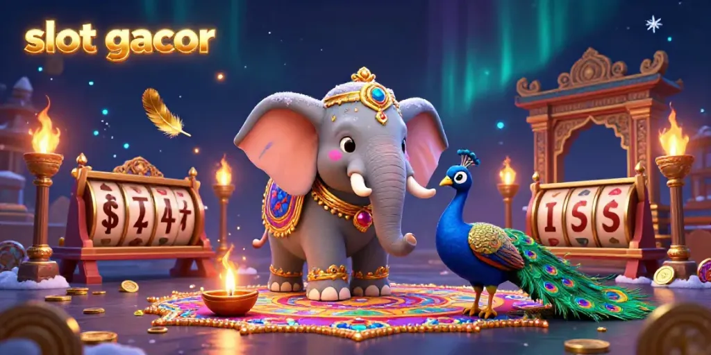 Experience vibrant slot gacor gameplay with this colorful 3D illustration featuring a joyful elephant and peacock.