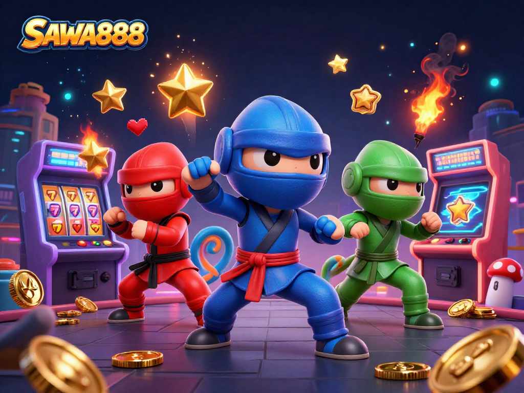 SAWA888's chameleon ninjas showcase thrilling martial arts moves amidst glowing slot reels and festive casino elements.
