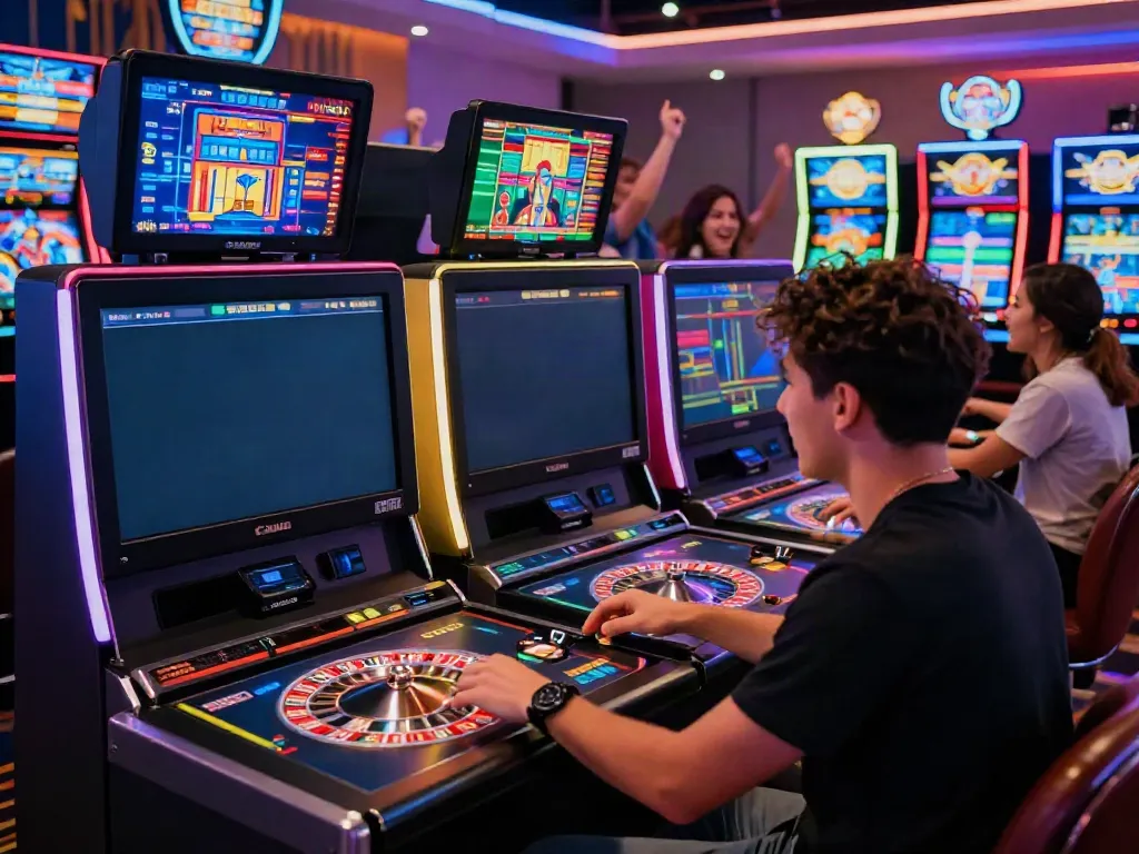 People enjoying akunjp online gaming at a modern virtual casino.