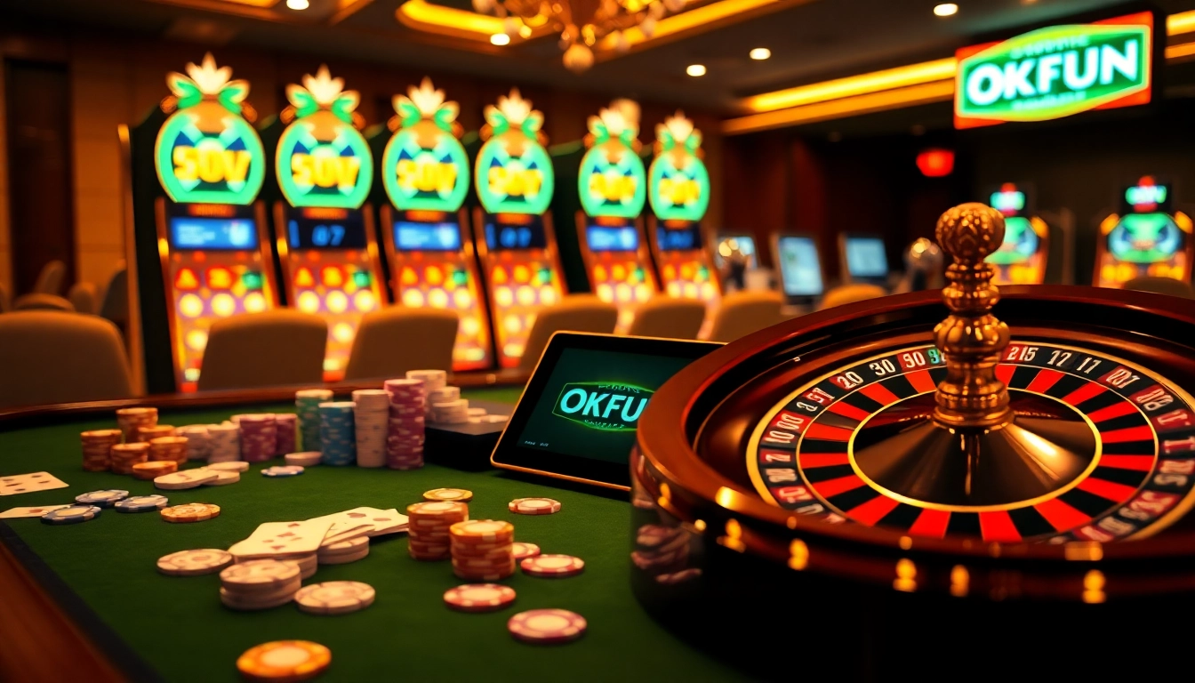 Placing bets on the OKFUN platform at a vibrant casino table filled with poker chips and cards.