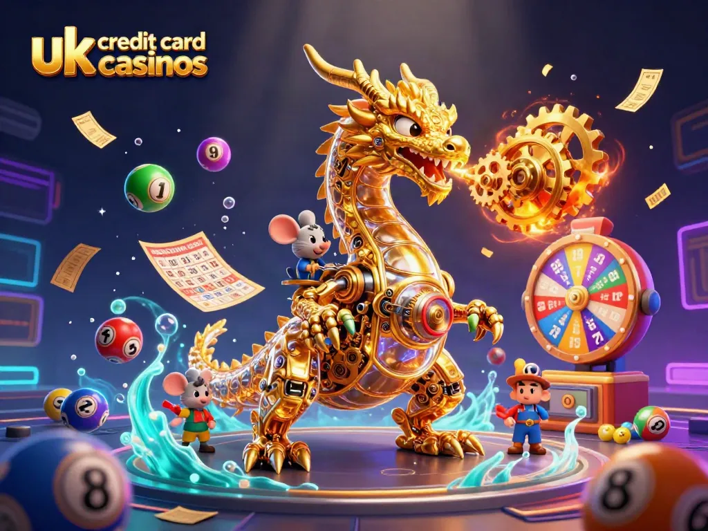 Engage with the excitement of uk credit card casinos, showcasing a golden dragon amidst colorful lottery elements.