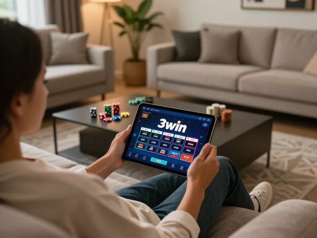 Player enjoying 3win online gaming experience on tablet in cozy living room setting