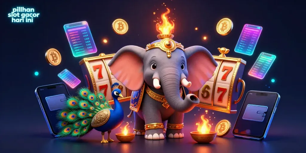 Memainkan pilihan slot gacor hari ini dengan simbol keberuntungan dan komponen kasino yang penuh warna.