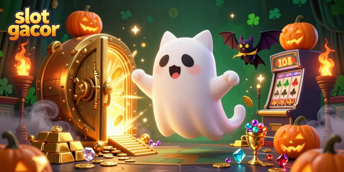 Experience the thrill of slot gacor with a vibrant 3D illustration of a ghost cat and treasures.