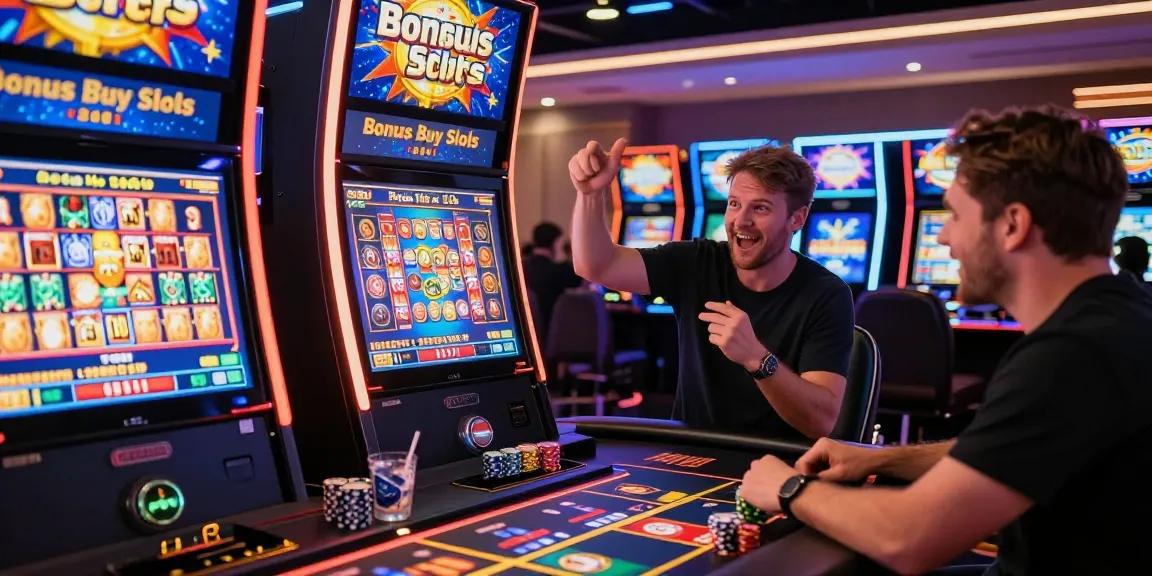 Exciting players engaging with bonus buy slots in a vibrant online casino atmosphere.