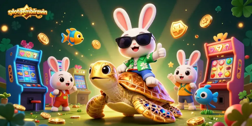 Experience fun and excitement with slotgembirawin as a lucky rabbit rides a golden turtle, surrounded by dazzling casino elements.