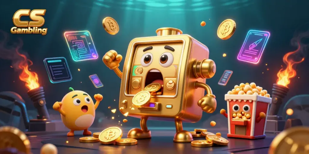 Experience the thrill of CS Gambling as a golden slot machine hits the jackpot, surrounded by vibrant crypto elements.