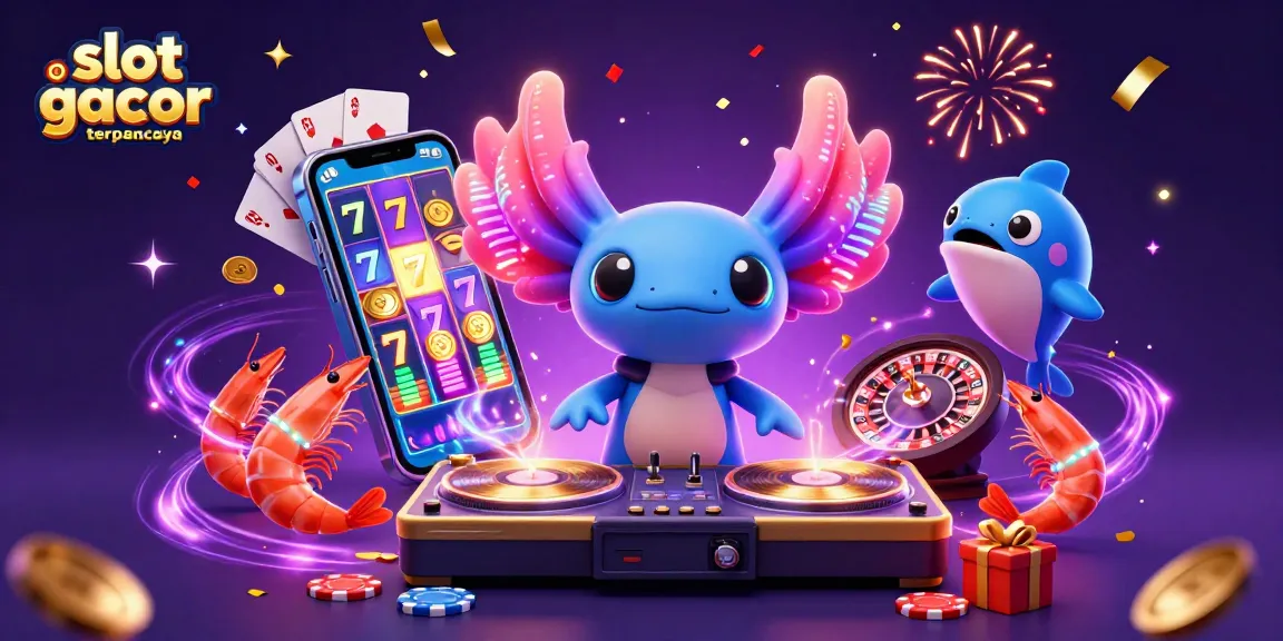 Experience slot gacor terpercaya with vibrant characters like a DJ axolotl and dancing shrimp in this dynamic casino scene.
