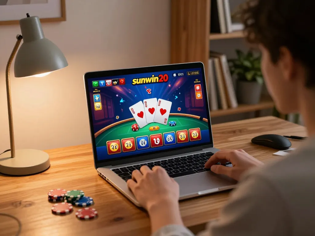 Player enjoying online gambling on sunwin20 platform in a cozy home environment.