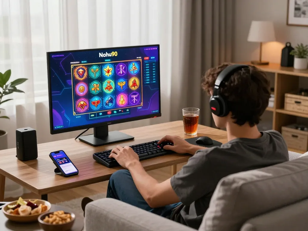 Nohu90 gaming excitement with a user immersed in an online slot game at home