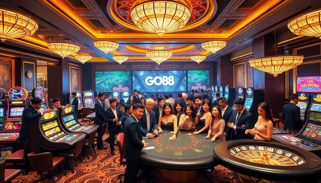 Experience the thrill of gaming at trang chủ go88 with our exciting casino scene featuring blackjack tables and vibrant slot machines.