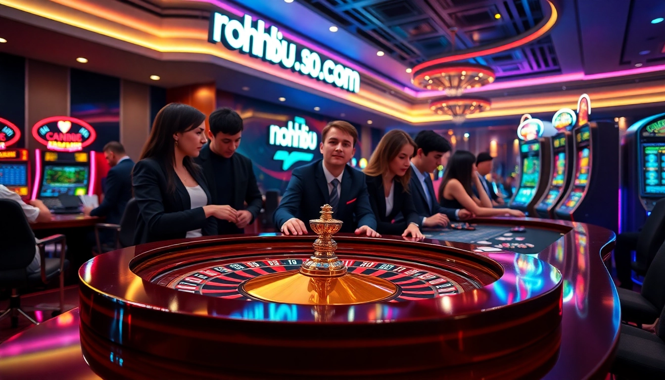 Gamblers enjoying high-stakes action at nohu90.com casino, celebrating wins at poker and roulette tables.