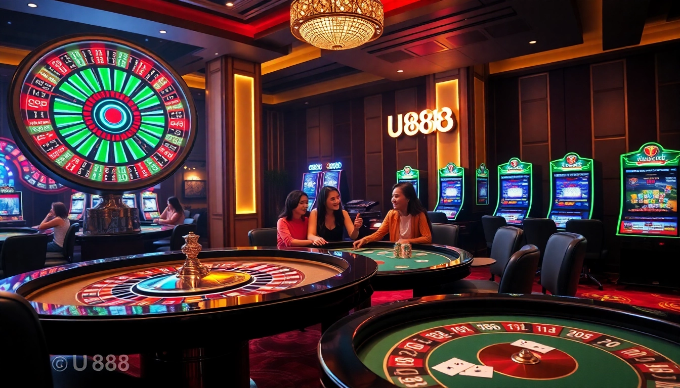 U888 Love showcases players enjoying dynamic casino games at a modern, vibrant gaming table.