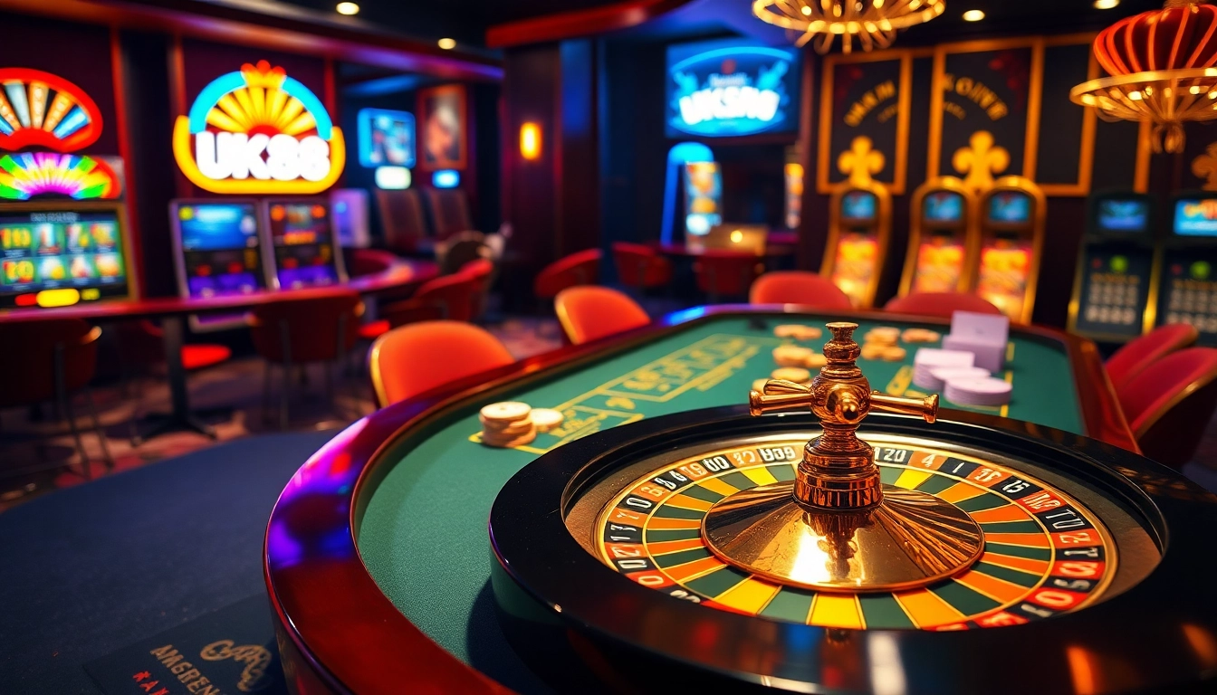 Engaging gamers at trang chủ uk88 with vibrant casino visuals featuring roulette, poker tables, and slot machines.