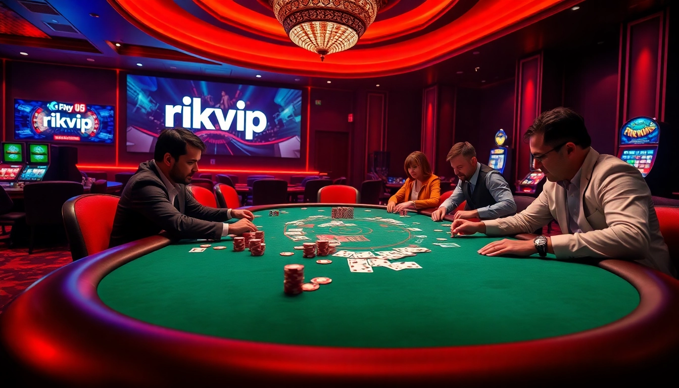 Players experiencing an exhilarating poker game at Rikvip casino, featuring colorful chips and cards.