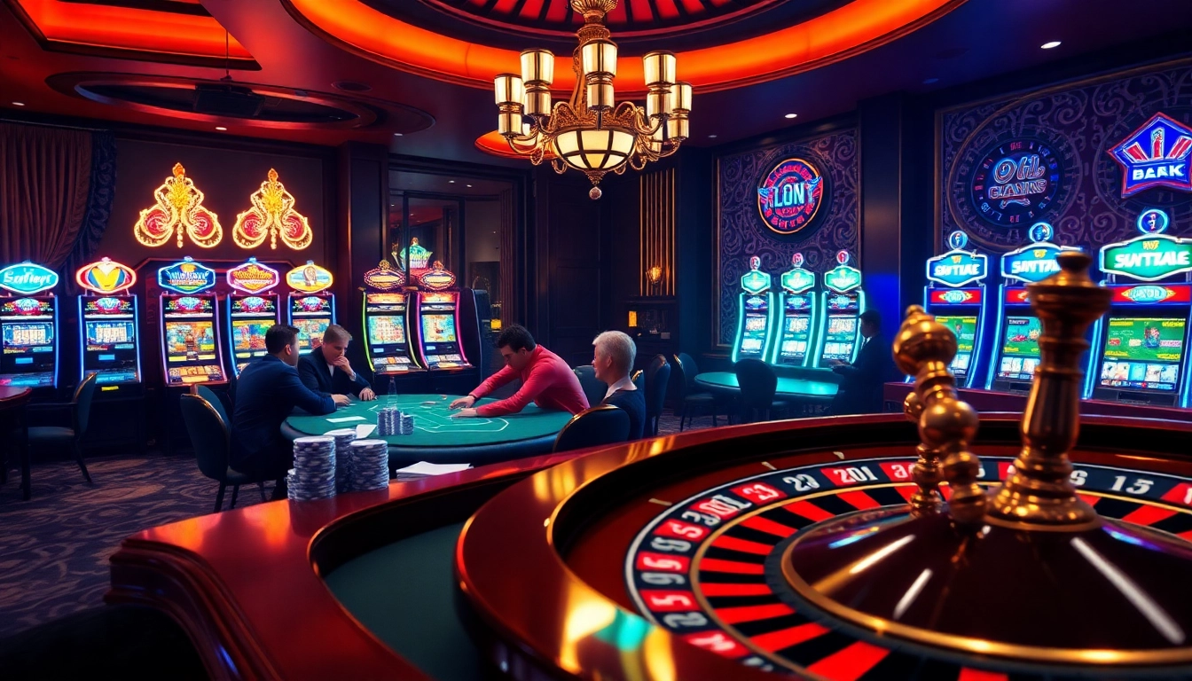 Kuwin casino scene showcasing a vibrant poker table, slots, and lively atmosphere for gamblers.