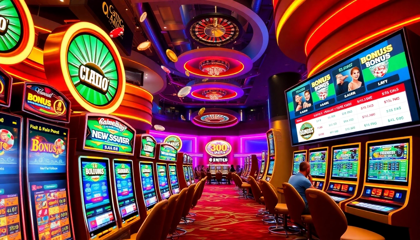 Excited players at a casino celebrating wins with slot machines offering situs bonus new member promotions.