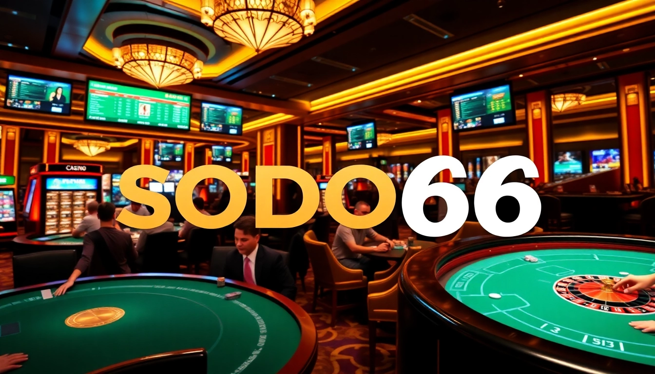 Gamblers enjoying a vibrant casino experience at SODO66 with poker tables and roulette.