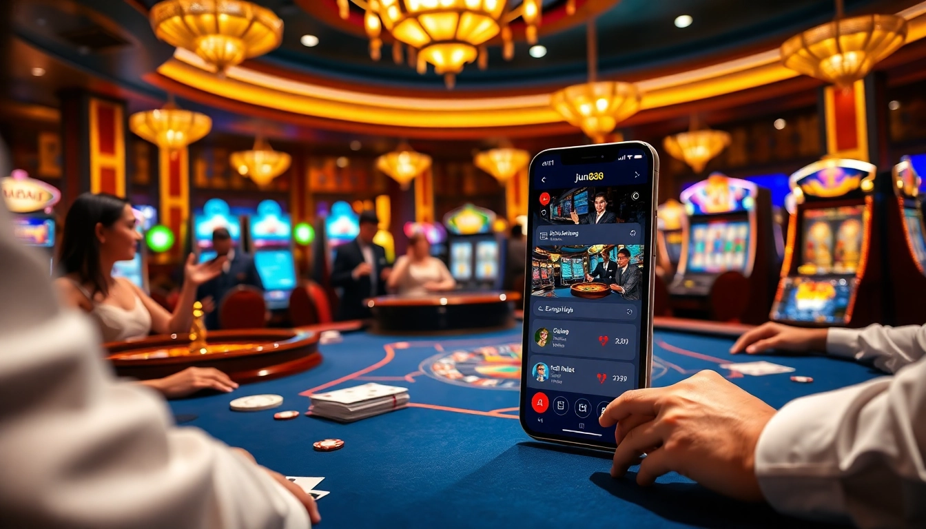 Players enjoying a thrilling casino experience with the jun888 app, showcasing excitement at gaming tables.