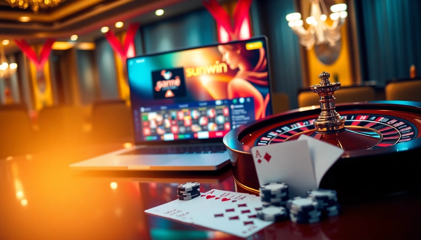 Experience the thrill of game sunwin with vibrant casino visuals featuring cards, roulette, and chips.