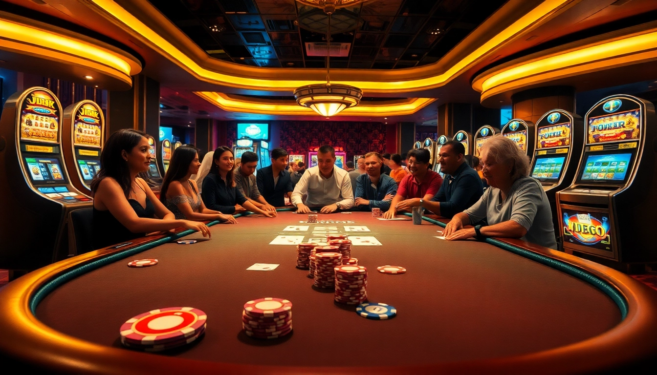 Experience the excitement of j88 poker as players engage at a luxurious casino table filled with vibrant chips and cards.
