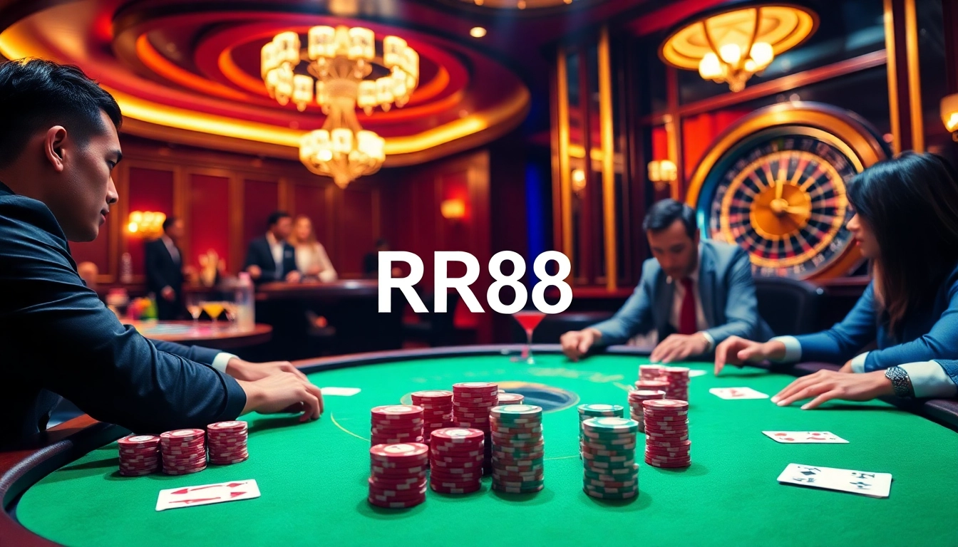Experience the thrill of gambling at RR88 with a lavish poker table and energetic players.