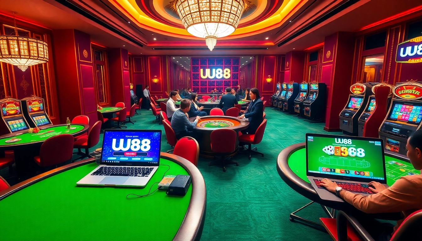 Experience thrilling online gambling moments at UU88 with vibrant casino tables and exciting slot machines.