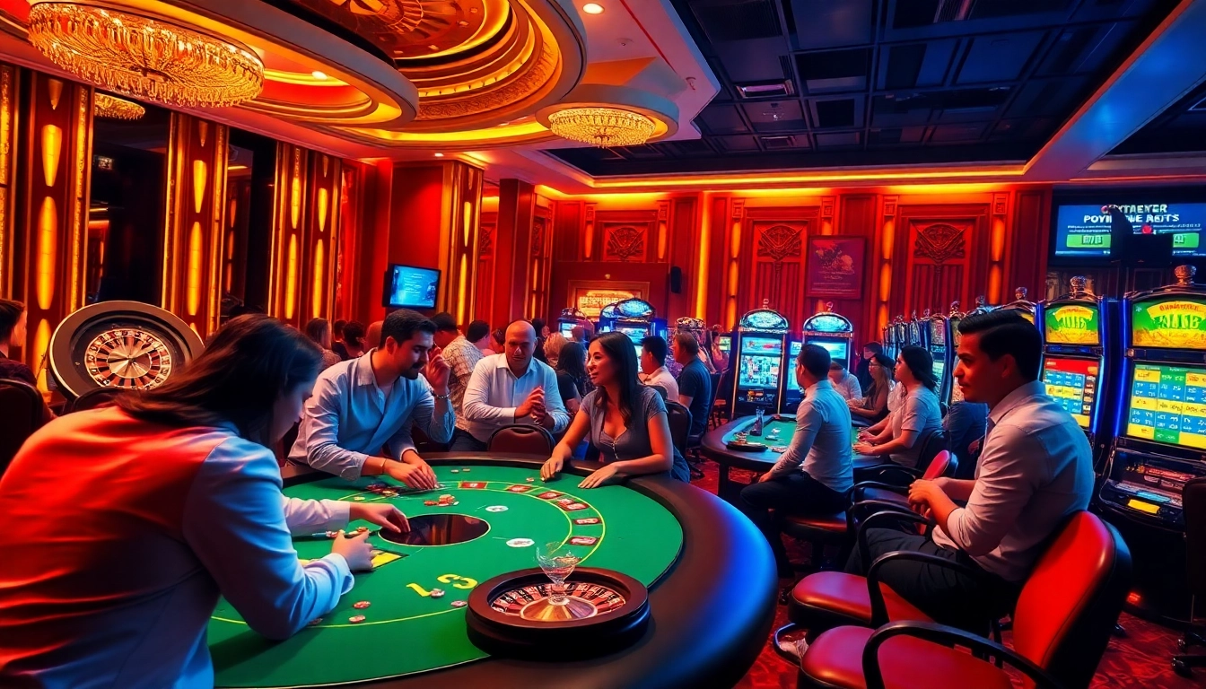 The vibrant casino scene at https://kjc.ad/ features excited players at a poker table, luxurious slot machines, and spinning roulette wheel.