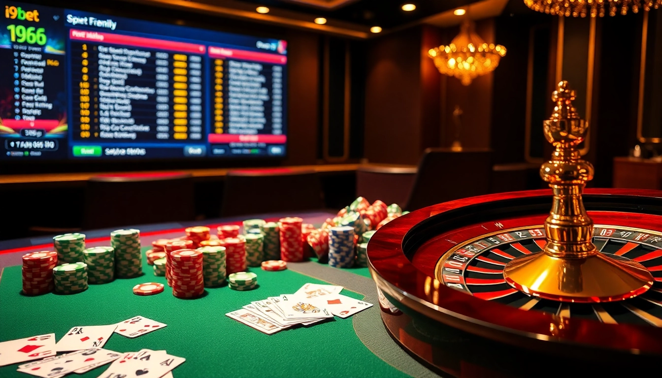 Experience high-stakes gameplay with i9bet at an exciting casino table featuring poker chips and a roulette wheel.