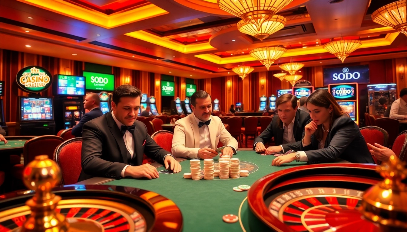 SODO CASINO players enjoying an exciting game at a luxurious poker table with vibrant casino atmosphere.
