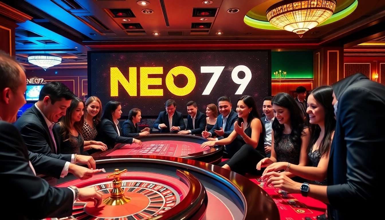 Excited players enjoying a vibrant gaming experience at NEO79 casino with roulette and cards.