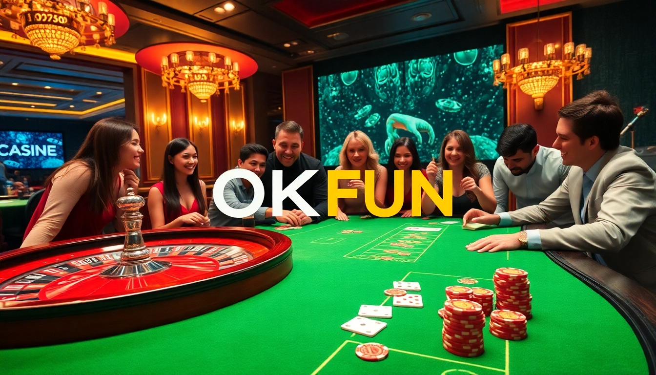 Experienced players enjoying vibrant casino gaming at OKFUN, with rich decorations and thrilling atmosphere.