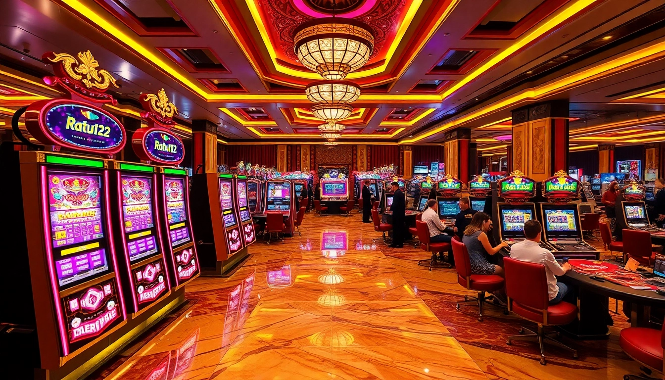 Pemain yang menang pada mesin slot berwarna-warni Ratu123 di lantai kasino mewah.