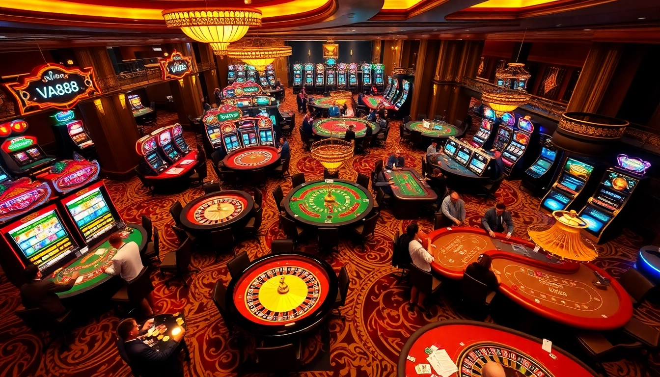 Players experience thrilling games at VA88's vibrant casino with exciting tables and slot machines.