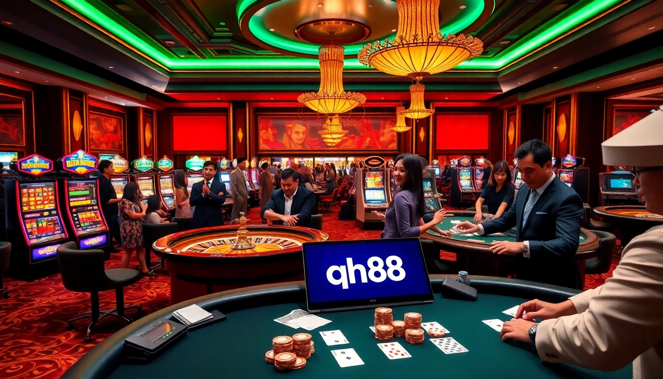 Experience the thrill of qh88 casino with vibrant tables, cards, and excited players.